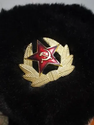 Gorro ruso negro con estrella roja y ramas doradas