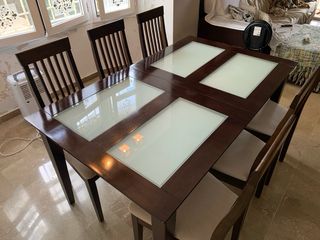 Mesa extensible comedor + 6 sillas madera-cristal