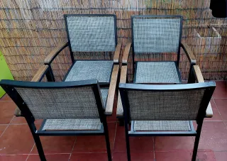 4 Sillas de exterior metal, madera y tela