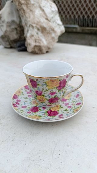 Tazza con piattino T. Limoges – rose rosa/gialle