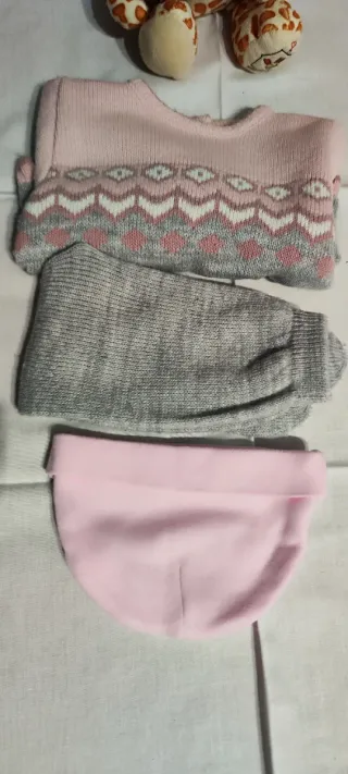Conjunto niña abrigo rosa y gris