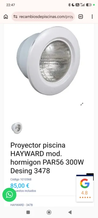 Proyector Piscina Hayward PAR56 300W Hormigón