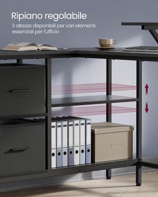 Scrivania per computer a L, scrivania ad angolo con 2 ampi cassetti e supporto per monitor, scaffale regolabile, per ufficio studio, nero ebano LWD098B56