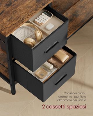 Scrivania per computer a L, scrivania ad angolo con 2 ampi cassetti e supporto per monitor, scaffale regolabile, per ufficio studio, marrone vintage LWD098B01