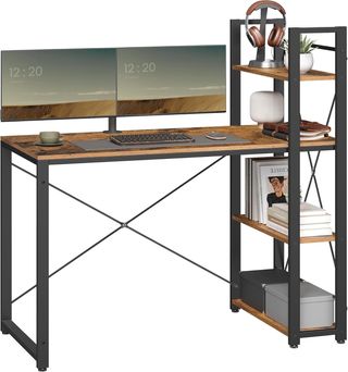 Escritorio, Mesa para Ordenador Con Estantes a la Derecha O a la Izquierda, Mesa de Oficina 120 Cm, para Estudio, Oficina en Casa, Montaje Fácil, Marrón Vintage Y Negro LWD48X