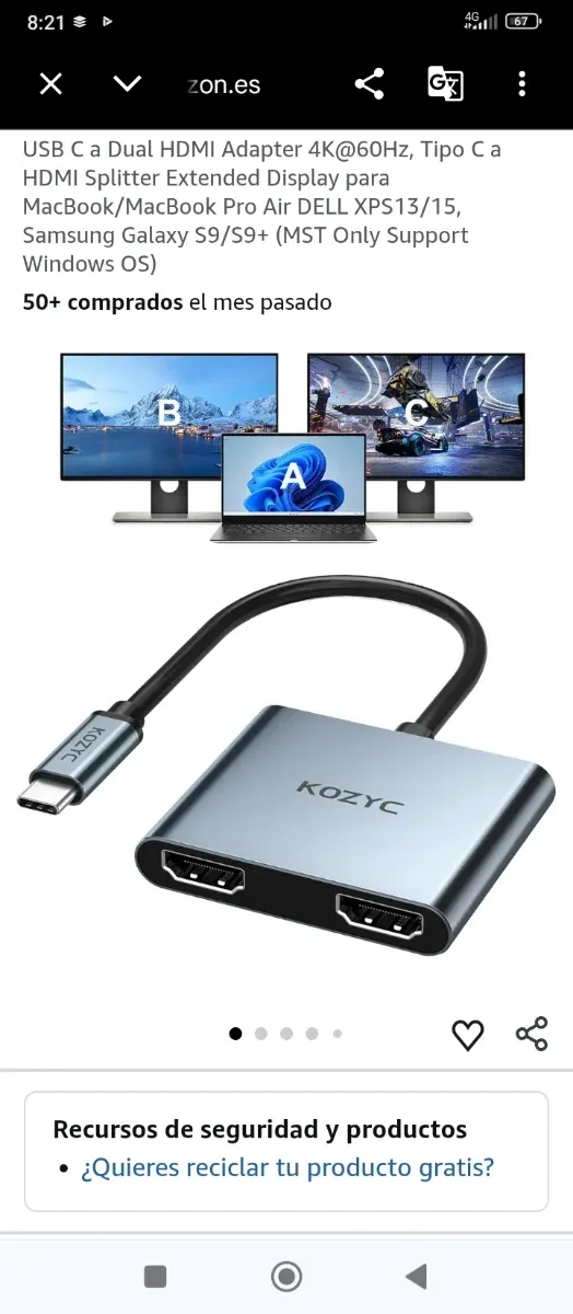 Adaptador USB C a Dual HDMI 4K@60Hz KOZYC