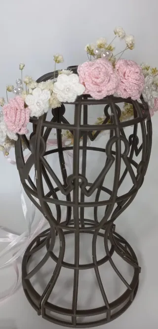 Corona Comunión Flores Rosas y Blancas