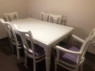 Mesa comedor, 4 sillas y 2 sillones pino macizo