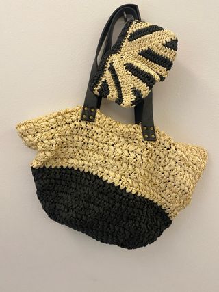 Lote 2 bolsos y neceser rafia beige/negro