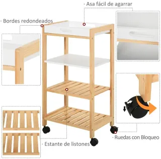 Carrito Cocina 4 Niveles Madera Blanca