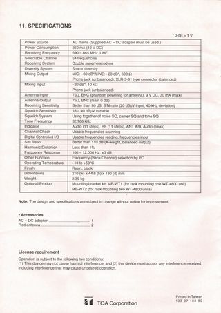 Receptor Diversiti Inalámbrico TOA WT-4800 UHF