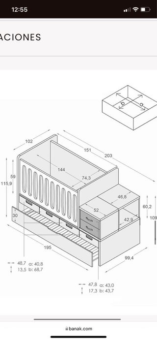 Cuna convertible BANAK + cajonera y cambiador