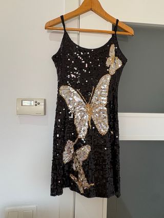 Vestido lentejuelas mariposas negro y dorado