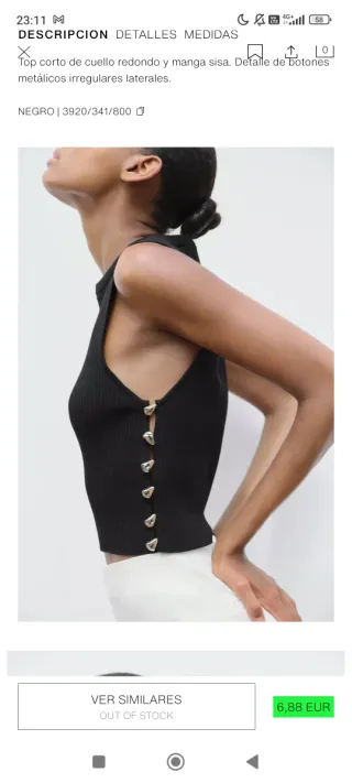 Top Zara Negro con Botones Metálicos Talla S