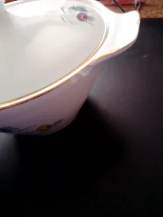 Sopera de porcelana blanca con detalles dorados