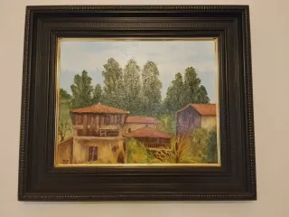 Cuadro Óleo Paisaje Pueblo Marco Negro