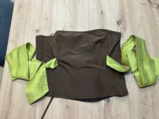 Vestido dos piezas fiesta marrón y verde pistacho