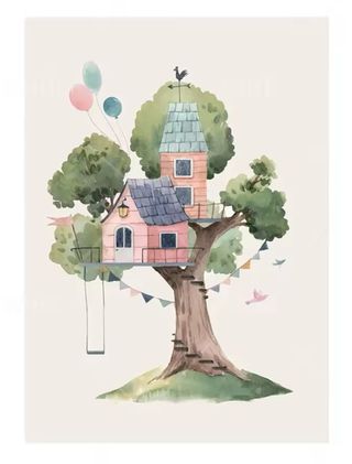 Lienzo Decorativo Casa Árbol Acuarela