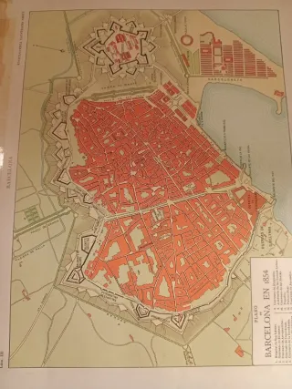 Lámina antigua de plano de Barcelona