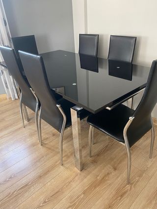 Mesa comedor cristal negro y 6 sillas