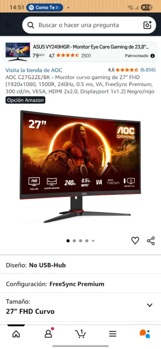 Monitor Curvo AOC 27 240Hz