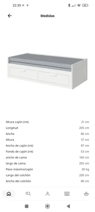 Diván Brimnes Ikea 80x200cm. 2cajones-1 ó 2 camas.