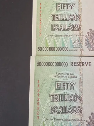 2 billetes de 50 trilliones correlativos Zimbabwe