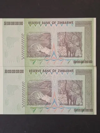 2 billetes de 50 trilliones correlativos Zimbabwe