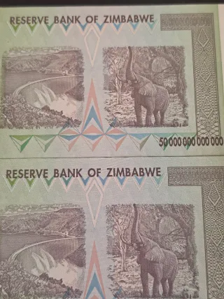 2 billetes de 50 trilliones correlativos Zimbabwe