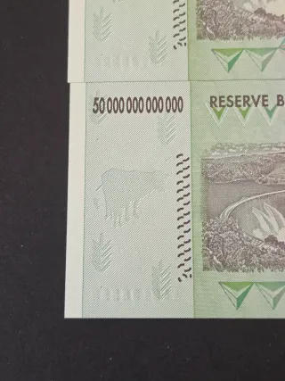 2 billetes de 50 trilliones correlativos Zimbabwe