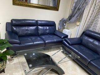 Conjunto Sofás Piel Azul marino + Mesa Cristal