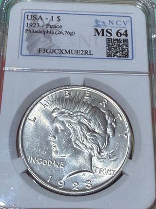Dólar Paz 1923 Plata MS64 NCV