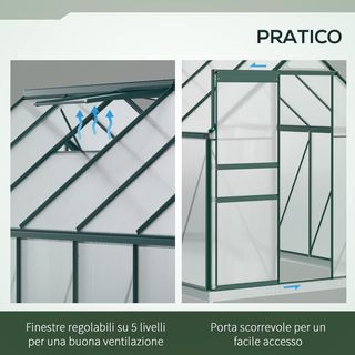 Invernadero de Jardín en Policarbonato 190X375X199Cm, Con Ventana Abatible y Puerta Corredera, Estructura de Aluminio, Verde