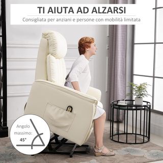 Sillón Eléctrico Elevador Reclinable 145°, Sillón Relax Eléctrico de Piel PU con Control Remoto, Bolsillos Laterales y Reposapiés Integrado, Crema