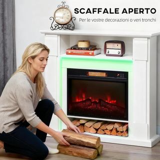 Chimenea Eléctrica Con Marco Efecto Llama 3D Realista 3 Modos, 1800W Chimenea Eléctrica Empotrable Con Luz LED Y Calefacción Regulable, 2 Mando a Distancia, Termostato, Temporizador, Blanco