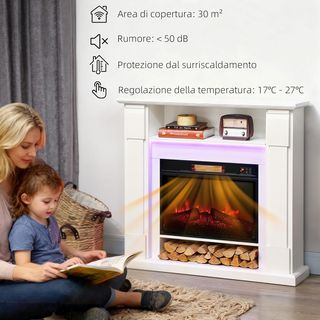 Chimenea Eléctrica Con Marco Efecto Llama 3D Realista 3 Modos, 1800W Chimenea Eléctrica Empotrable Con Luz LED Y Calefacción Regulable, 2 Mando a Distancia, Termostato, Temporizador, Blanco