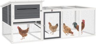Gallinero para Gallinas Ponedoras de Exterior con Casita, Nido para Incubar, Techo Impermeable, Bandeja Extraíble y Puertas, Jaula Recinto para 2-4 Gallinas y Conejos de Madera, 214X101X91.5Cm, Gris