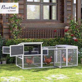 Gallinero para Gallinas Ponedoras de Exterior con Casita, Nido para Incubar, Techo Impermeable, Bandeja Extraíble y Puertas, Jaula Recinto para 2-4 Gallinas y Conejos de Madera, 214X101X91.5Cm, Gris