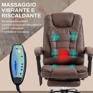 Silla de Oficina Masajeadora y Reclinable con 6 Puntos Vibrantes y Calefacción, Silla de Escritorio Ajustable en Altura, Marrón