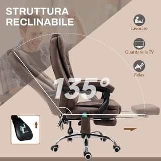 Silla de Oficina Masajeadora y Reclinable con 6 Puntos Vibrantes y Calefacción, Silla de Escritorio Ajustable en Altura, Marrón