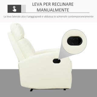 Sillón Relax Reclinable 165° Con Reposapiés Regulable Ergonómico en Piel PU, 65 × 92 × 100Cm Crema