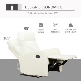 Sillón Relax Reclinable 165° Con Reposapiés Regulable Ergonómico en Piel PU, 65 × 92 × 100Cm Crema