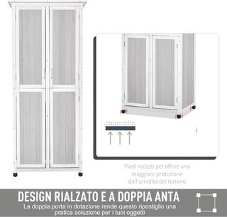 Caseta de Herramientas de Madera de Abeto de 3 Niveles con Techo de Betún y Ganchos, 77X58X175 Cm, Gris