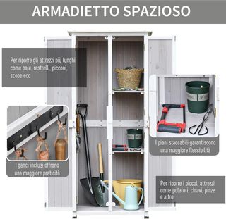 Caseta de Herramientas de Madera de Abeto de 3 Niveles con Techo de Betún y Ganchos, 77X58X175 Cm, Gris