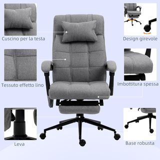 Silla De Escritorio Calentadora Con 5 Modos Y 6 Puntos De Masaje, Sillón De Oficina Ergonómico Con Respaldo Reclinable A 155° Y Reposapiés, Gris