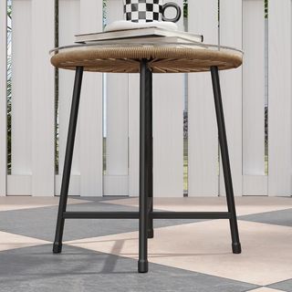 Conjunto de Jardín de 3 Piezas en Rattan PE y Acero, Conjunto de 2 Sillas con Cojines y Mesa de Café Cilíndrica con Tapa de Vidrio, Conjunto de Muebles para Balcón, para Patio y Jardín, Color Madera