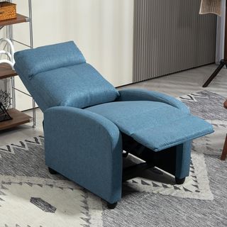 Sillón Relax Reclinable Manual con Reposapiés, Sillón Reclinable Acolchado en Tela Efecto Lino para Dormitorio, Salón y Sala de Estar, Azul