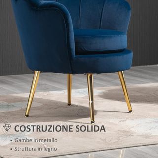 Sillón Concha, Sillón Vintage, Sillón para Dormitorio y Sala, Diseño Elegante, Con Respaldo Alto, 76X67X74Cm, Azul
