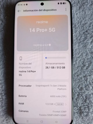 Oferta* Realme 14 Pro+ 5G, 512GB/12gb RAM