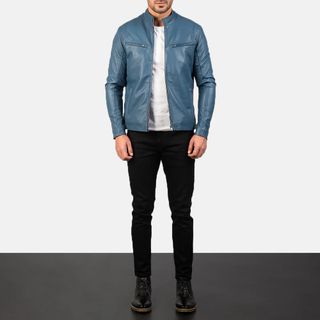 Chaqueta Biker Cuero Azul Ionic Hombre Nueva